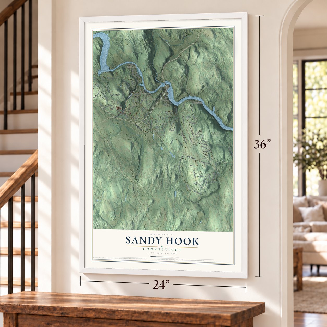 Sandy Hook, Connecticut map, 24 x 36 inch print in a white frame by a staircase