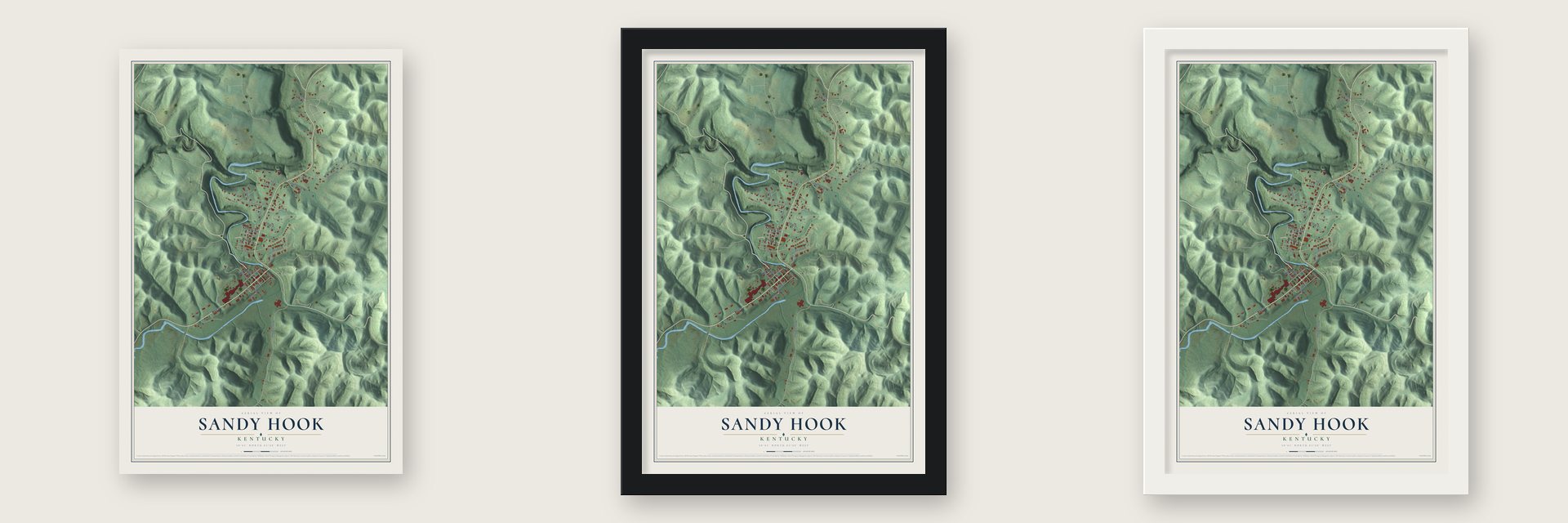 Sandy Hook, Kentucky map unframed, in a black wood frame and in a white wood frame