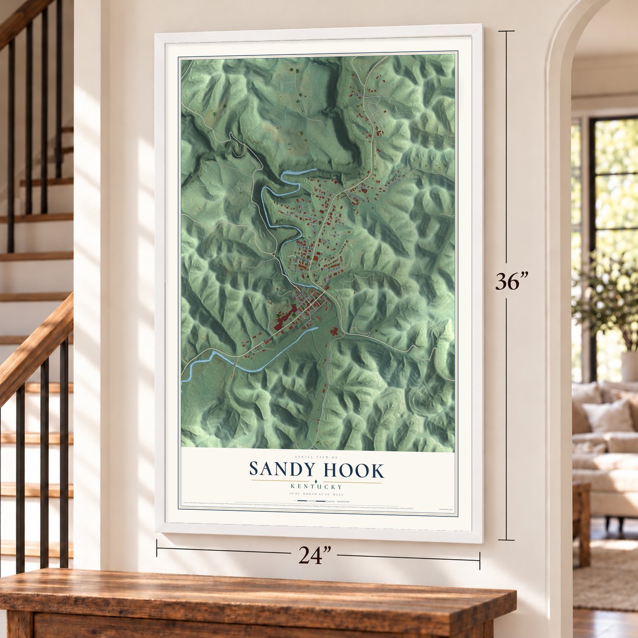 Sandy Hook, Kentucky map, 24 x 36 inch print in a white frame by a staircase