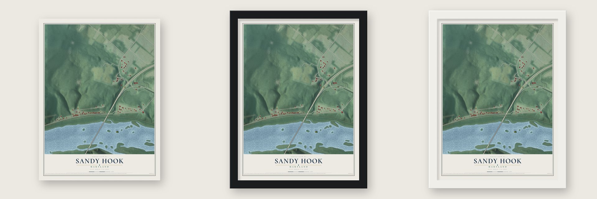 Sandy Hook, Maryland map unframed, in a black wood frame and in a white wood frame