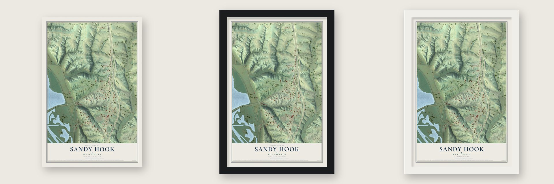 Sandy Hook, Wisconsin map unframed, in a black wood frame and in a white wood frame