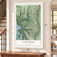 Sandy Hook, Wisconsin map, 24 x 36 inch print in a white frame by a staircase
