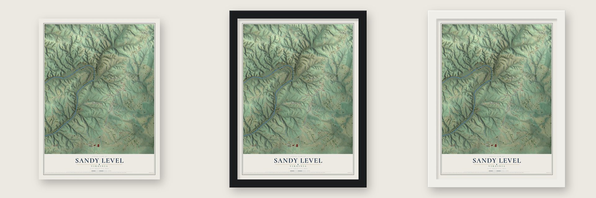 Sandy Level, Virginia map unframed, in a black wood frame and in a white wood frame