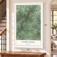Sandy Level, Virginia map, 24 x 36 inch print in a white frame by a staircase