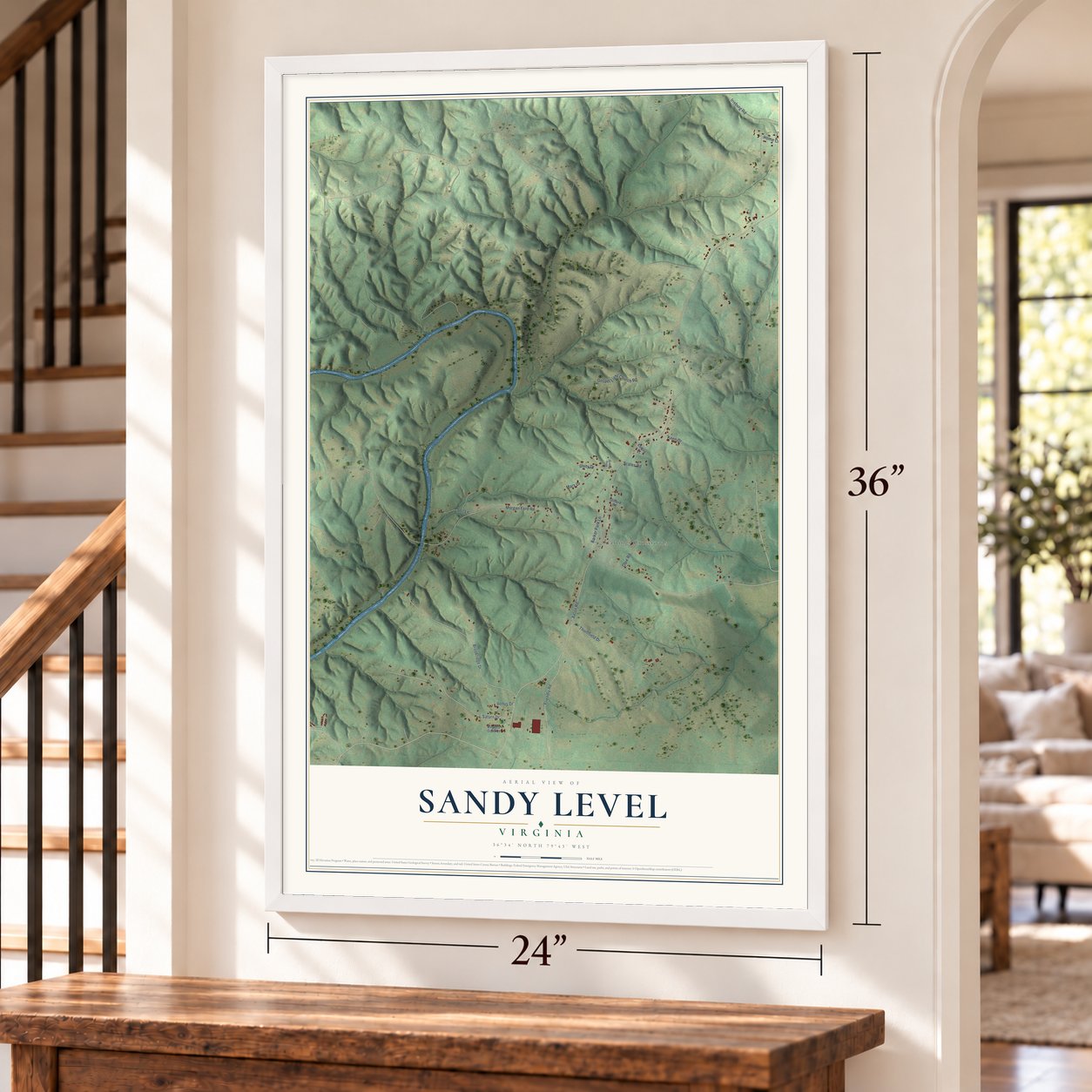Sandy Level, Virginia map, 24 x 36 inch print in a white frame by a staircase