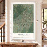 Sandy Oaks, Texas map, 24 x 36 inch print in a white frame by a staircase
