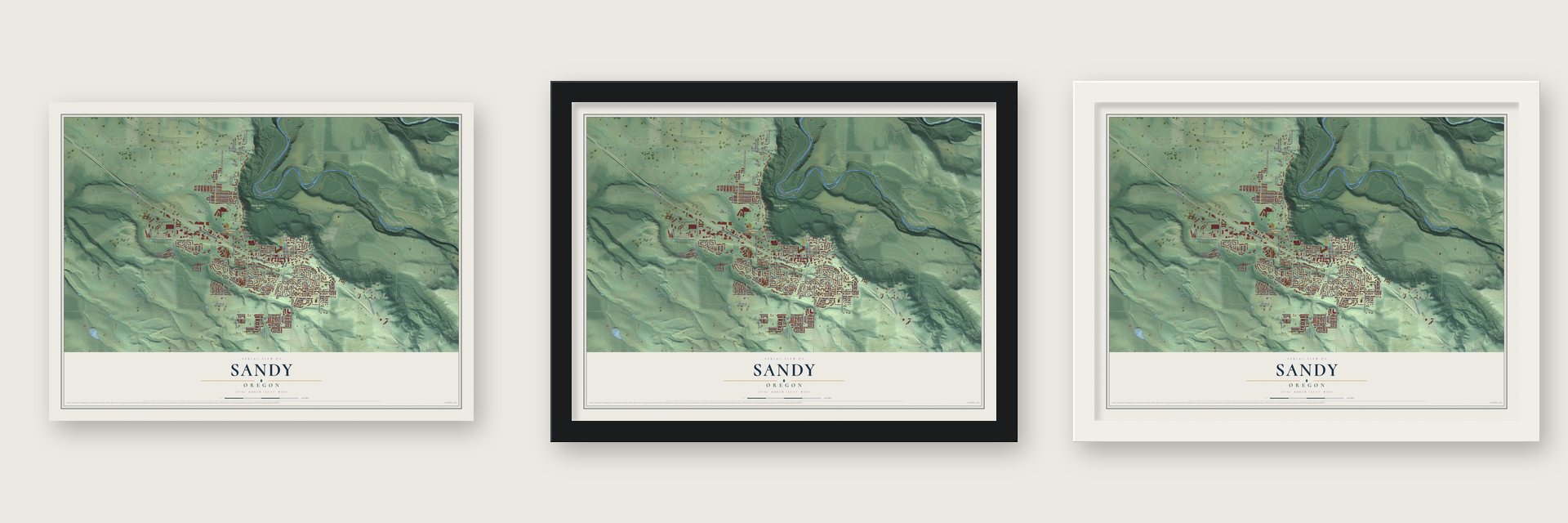 Sandy, Oregon map unframed, in a black wood frame and in a white wood frame
