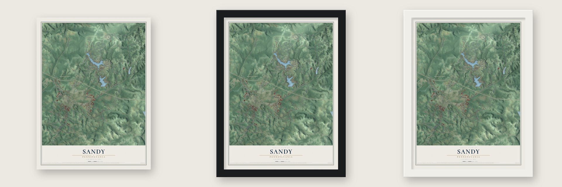 Sandy, Pennsylvania map unframed, in a black wood frame and in a white wood frame