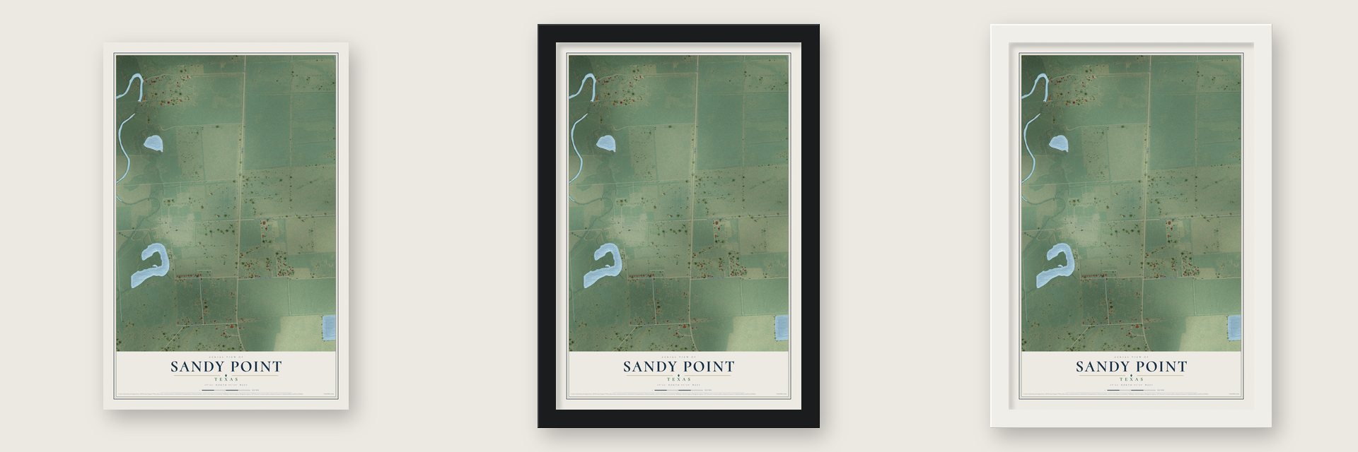 Sandy Point, Texas map unframed, in a black wood frame and in a white wood frame
