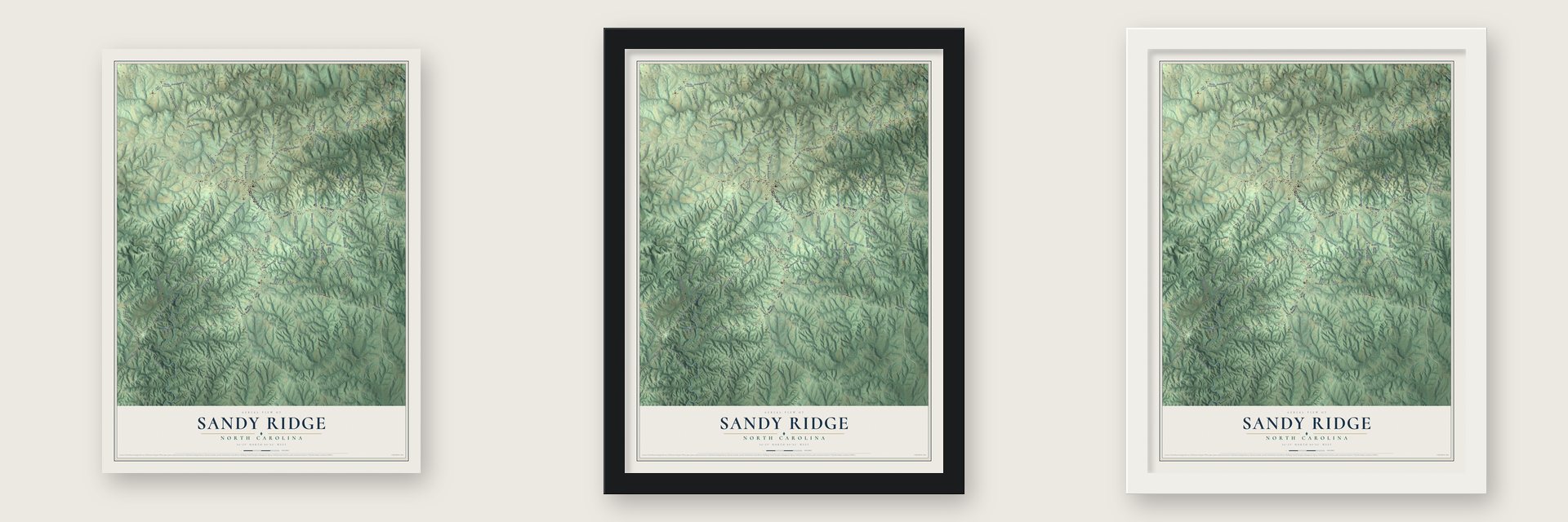 Sandy Ridge, North Carolina map unframed, in a black wood frame and in a white wood frame