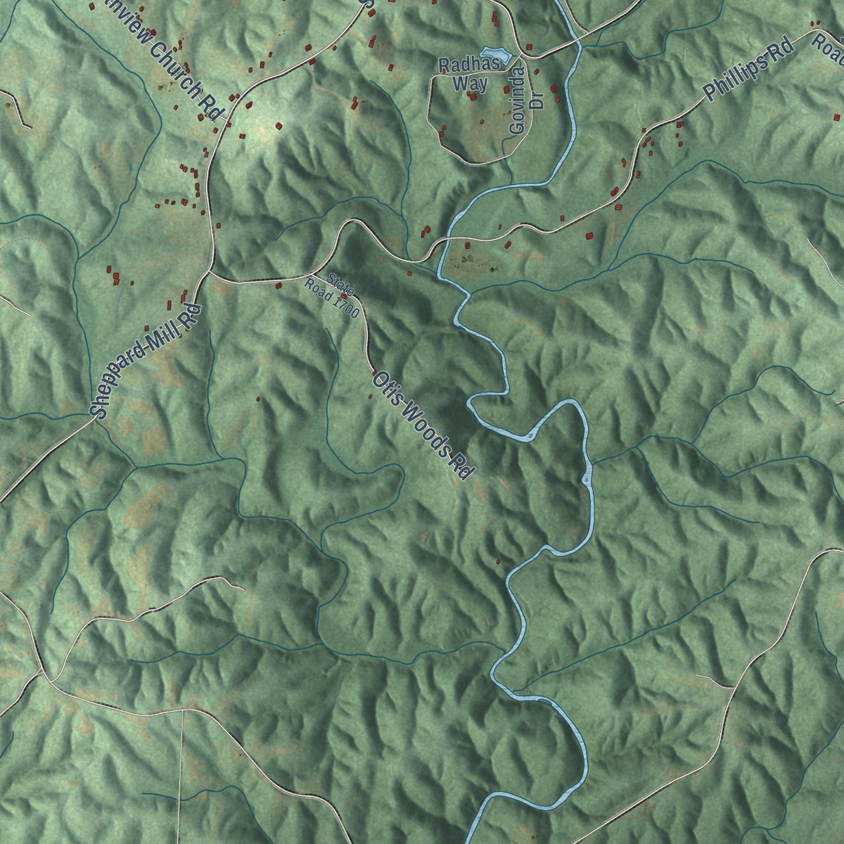 Second close-up of the map of Sandy Ridge, North Carolina print showing more streets and buildings