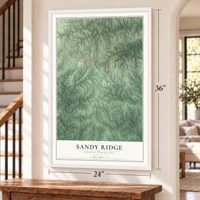 Sandy Ridge, North Carolina map, 24 x 36 inch print in a white frame by a staircase
