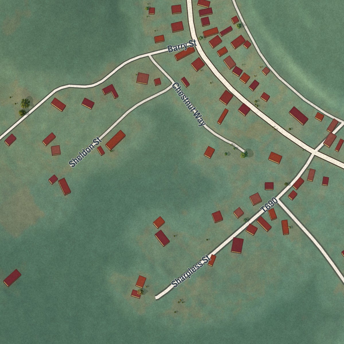 Second close-up of the map of Sandy Ridge, Pennsylvania print showing more streets and buildings