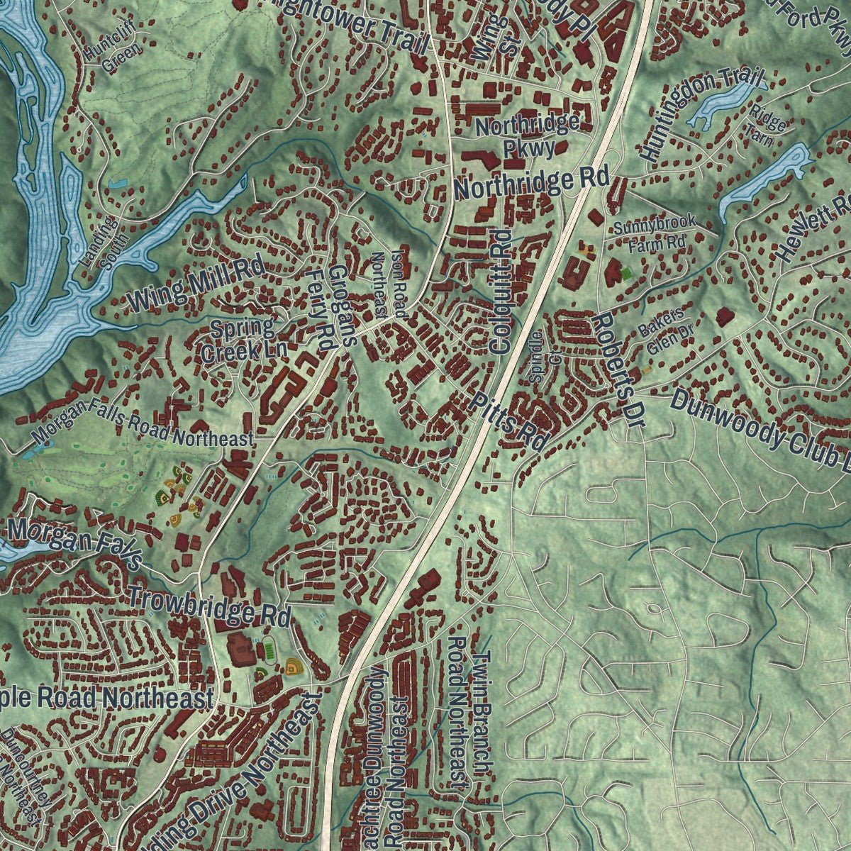 Second close-up of the map of Sandy Springs, Georgia print showing more streets and buildings