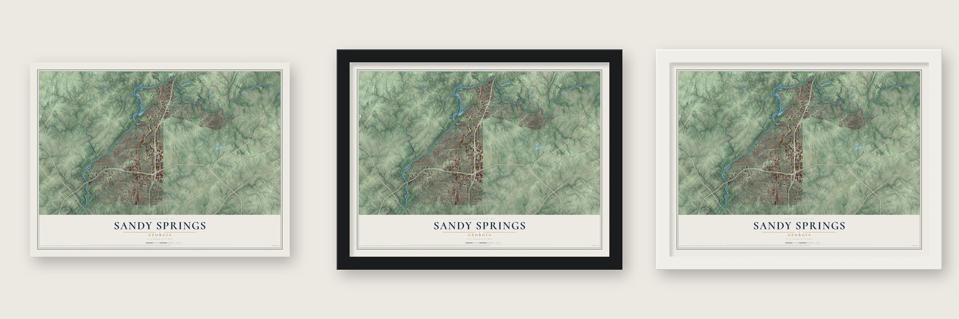 Sandy Springs, Georgia map unframed, in a black wood frame and in a white wood frame