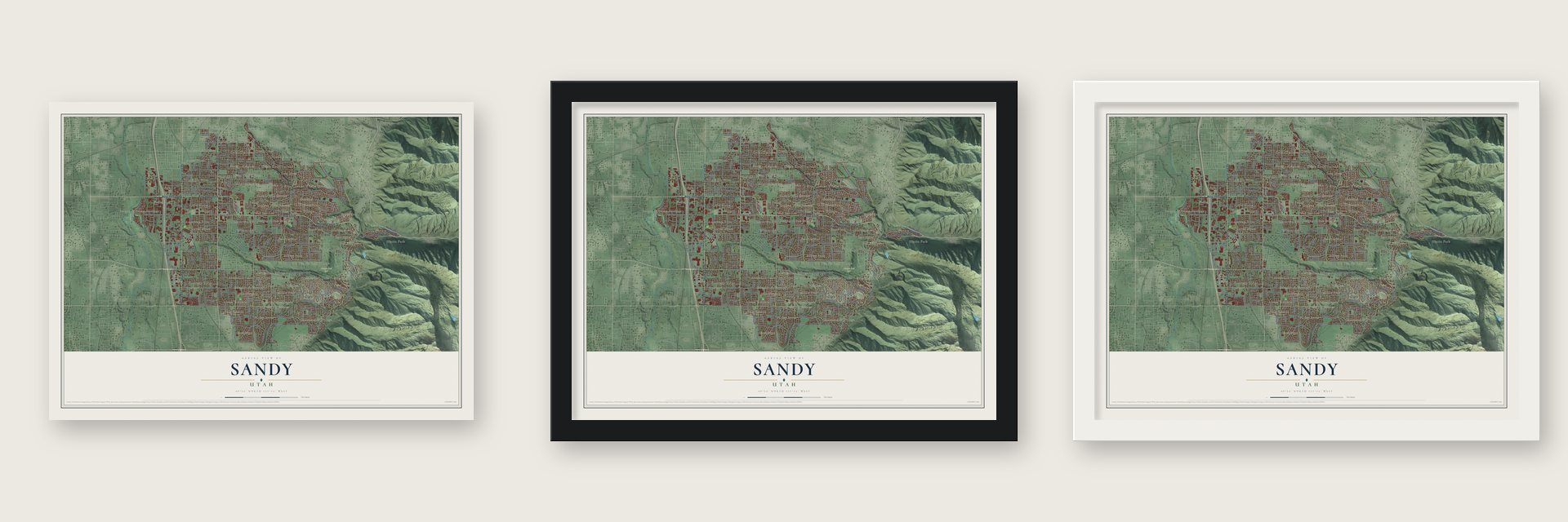 Sandy, Utah map unframed, in a black wood frame and in a white wood frame
