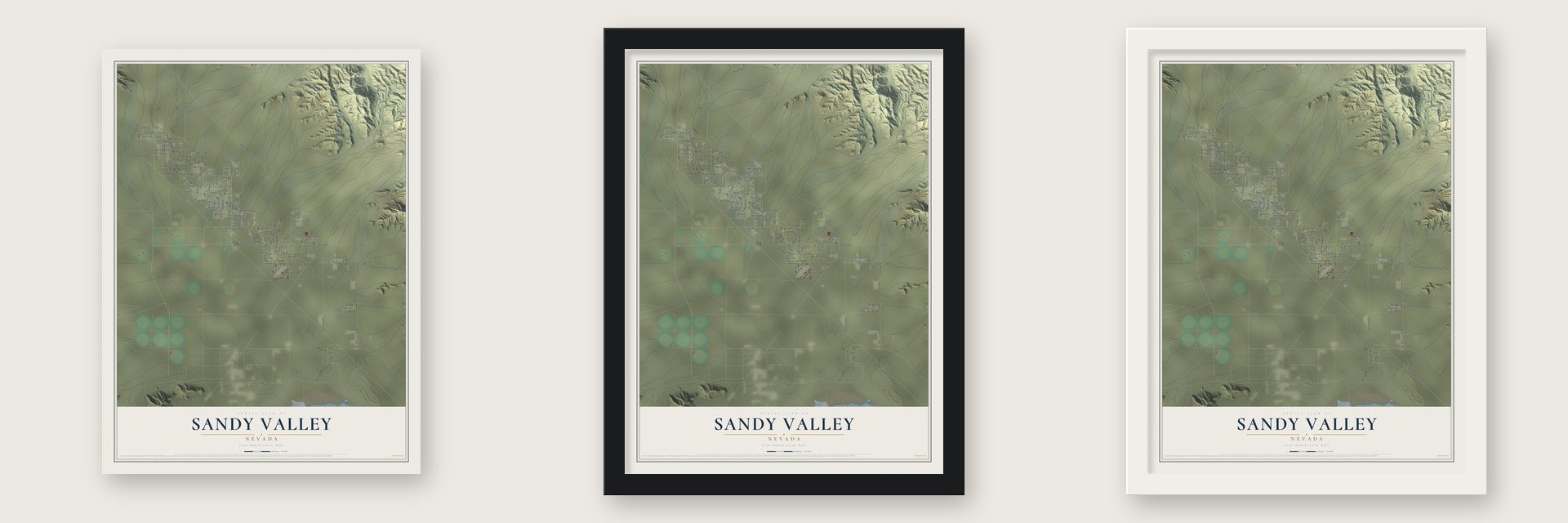 Sandy Valley, Nevada map unframed, in a black wood frame and in a white wood frame