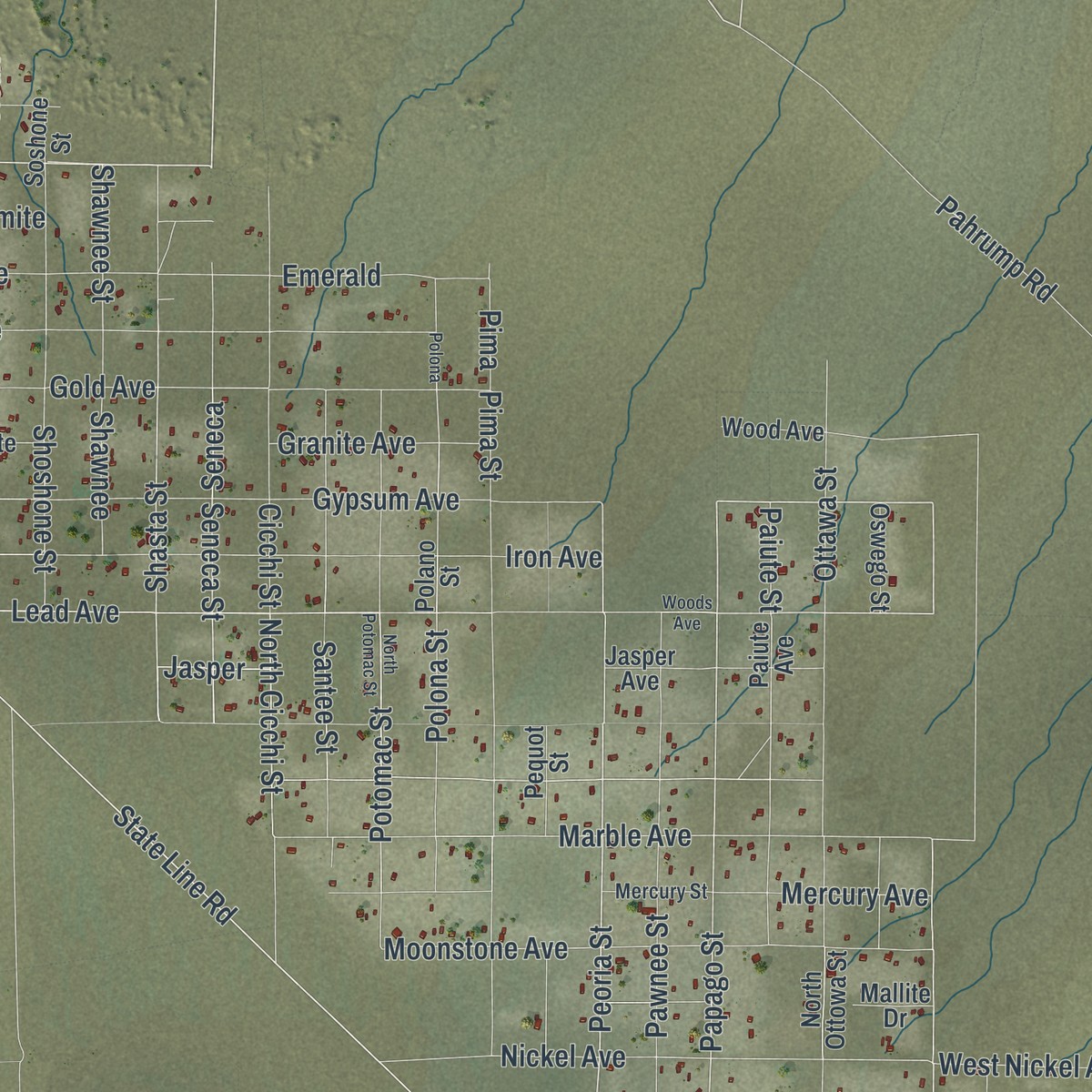 Second close-up of the map of Sandy Valley, Nevada print showing more streets and buildings