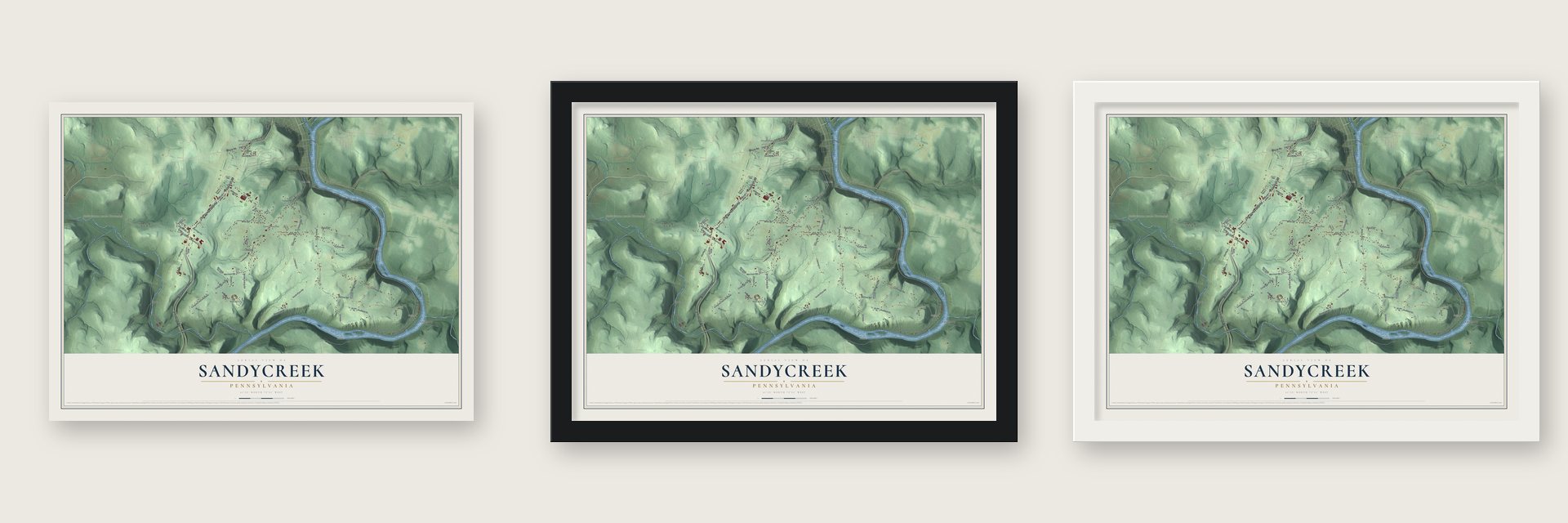 Sandycreek, Pennsylvania map unframed, in a black wood frame and in a white wood frame