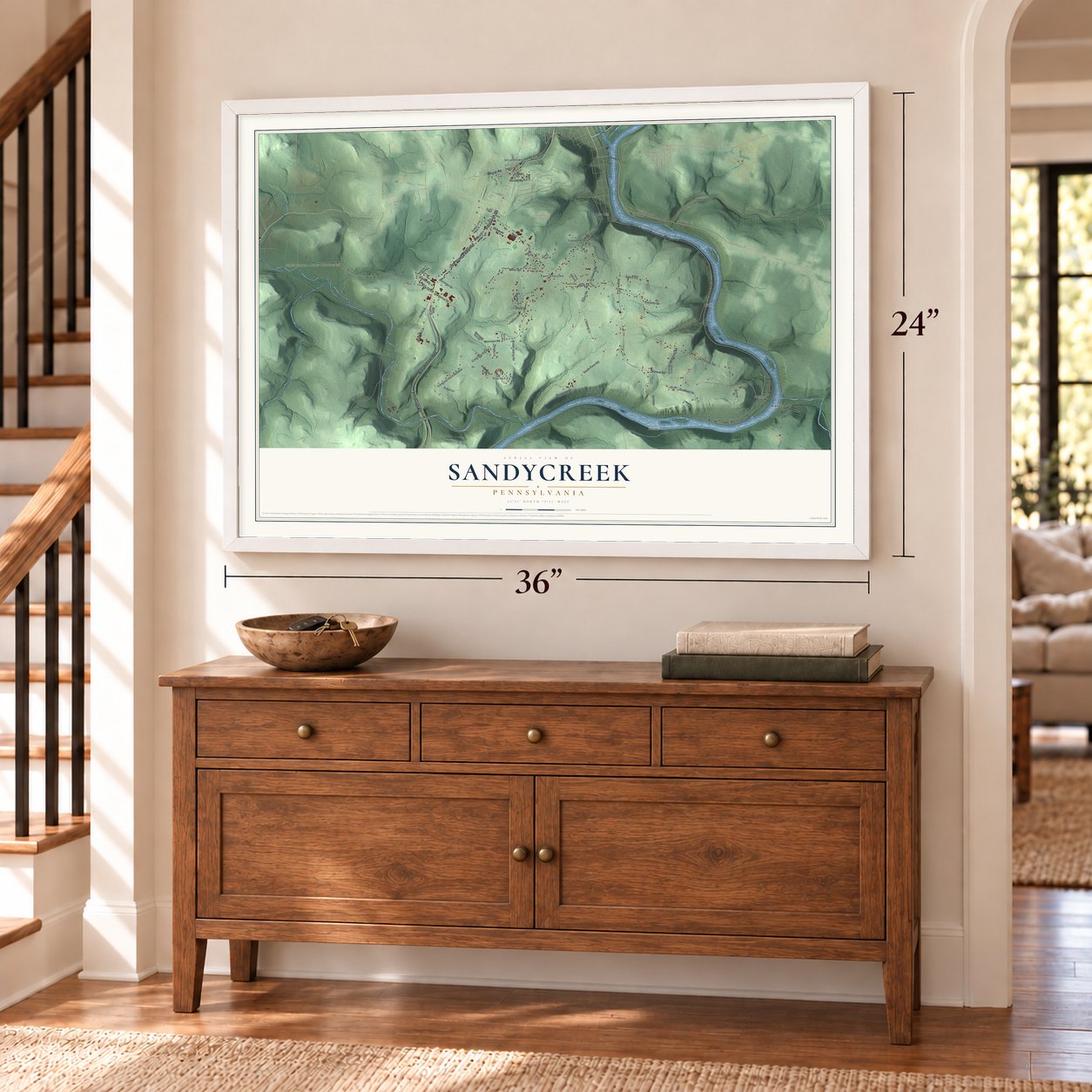 Sandycreek, Pennsylvania map, 24 x 36 inch print in a white frame above a dresser by a staircase