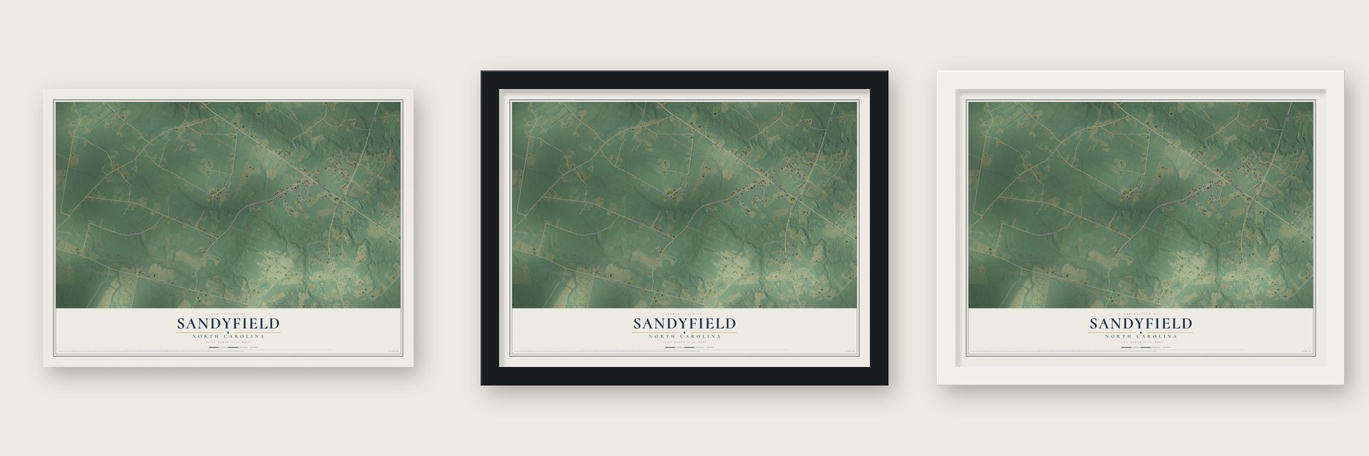 Sandyfield, North Carolina map unframed, in a black wood frame and in a white wood frame