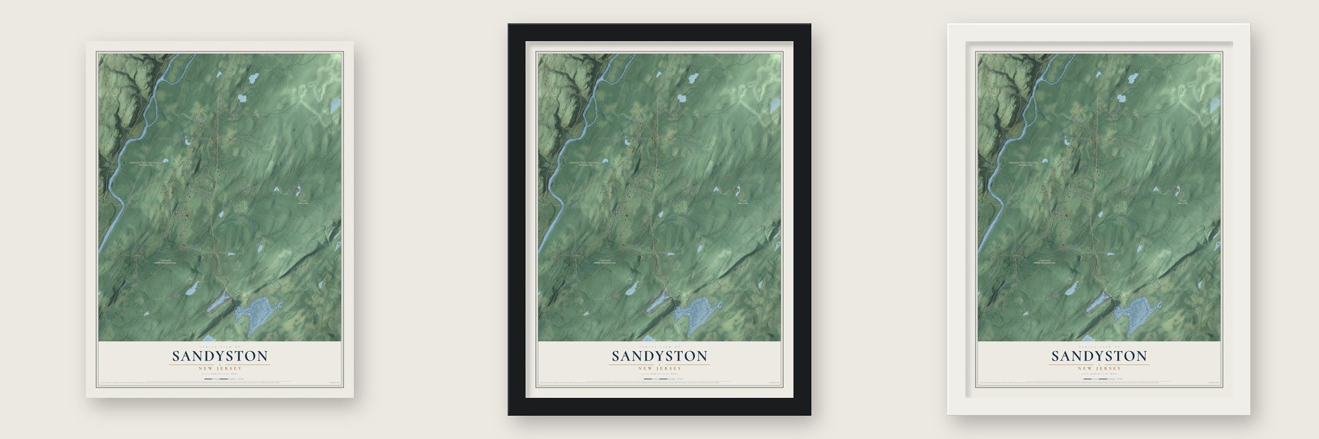 Sandyston, New Jersey map unframed, in a black wood frame and in a white wood frame