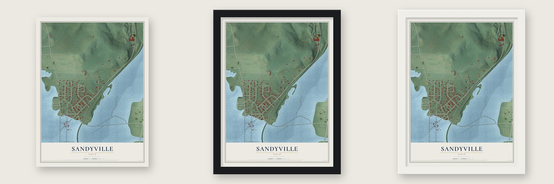 Sandyville, Ohio map unframed, in a black wood frame and in a white wood frame