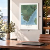Sandyville, Ohio map, 18 x 24 inch print in a white frame in a home office
