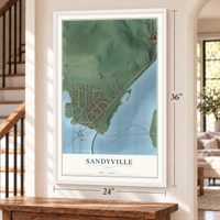 Sandyville, Ohio map, 24 x 36 inch print in a white frame by a staircase