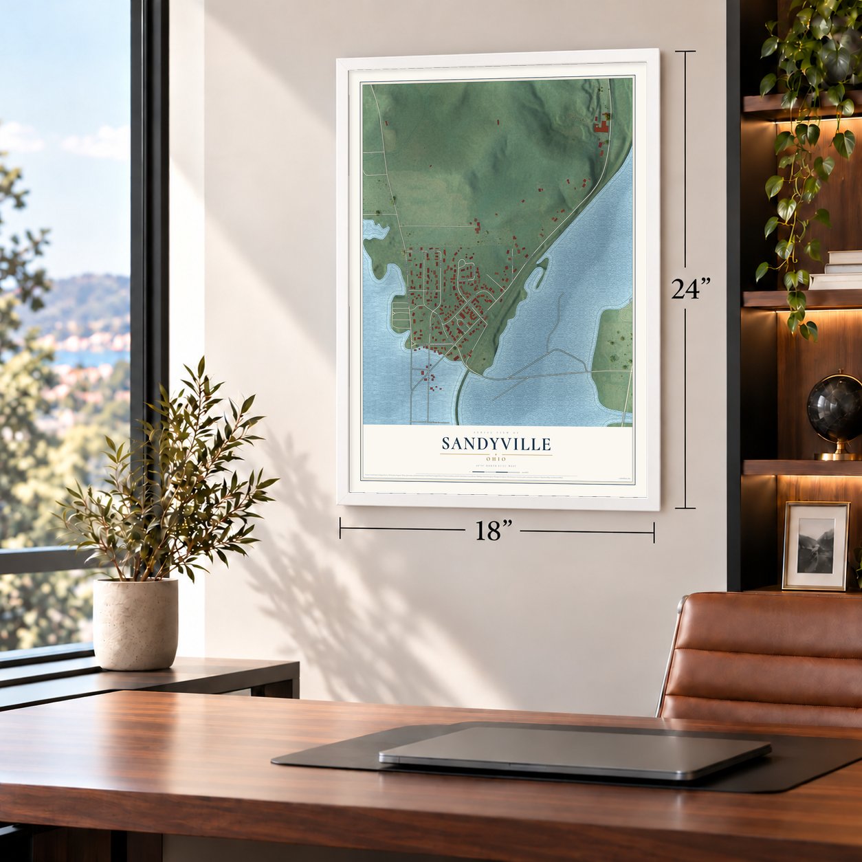 Sandyville, Ohio map, 18 x 24 inch print in a white frame in a home office