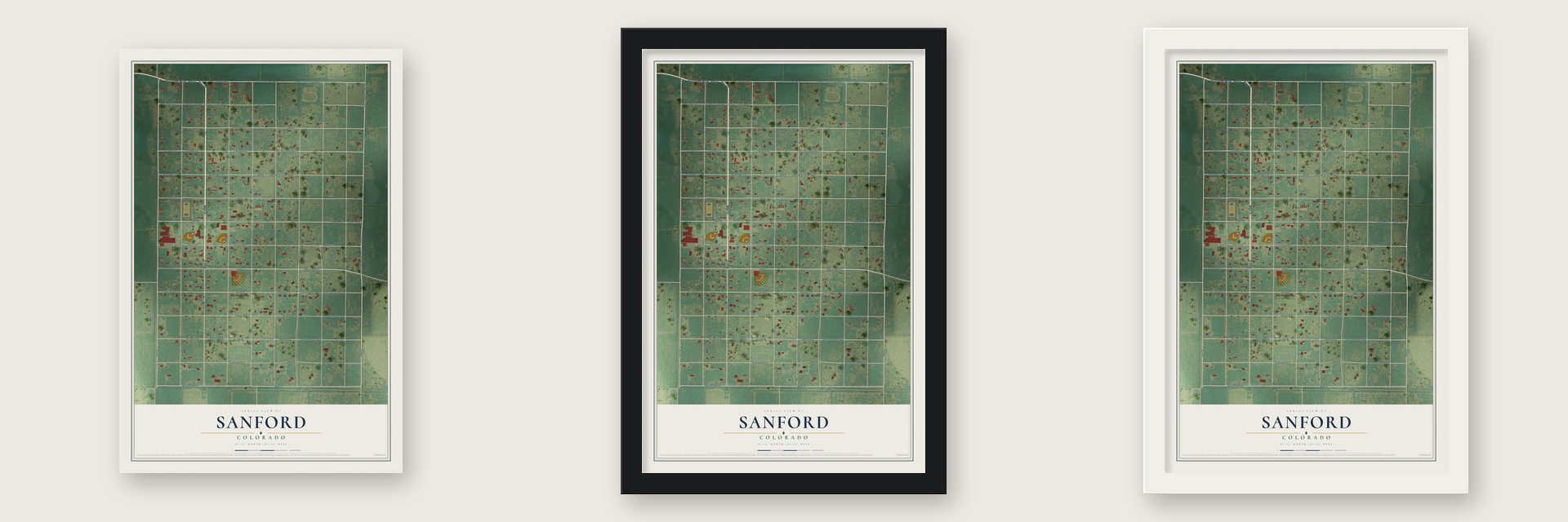 Sanford, Colorado map unframed, in a black wood frame and in a white wood frame