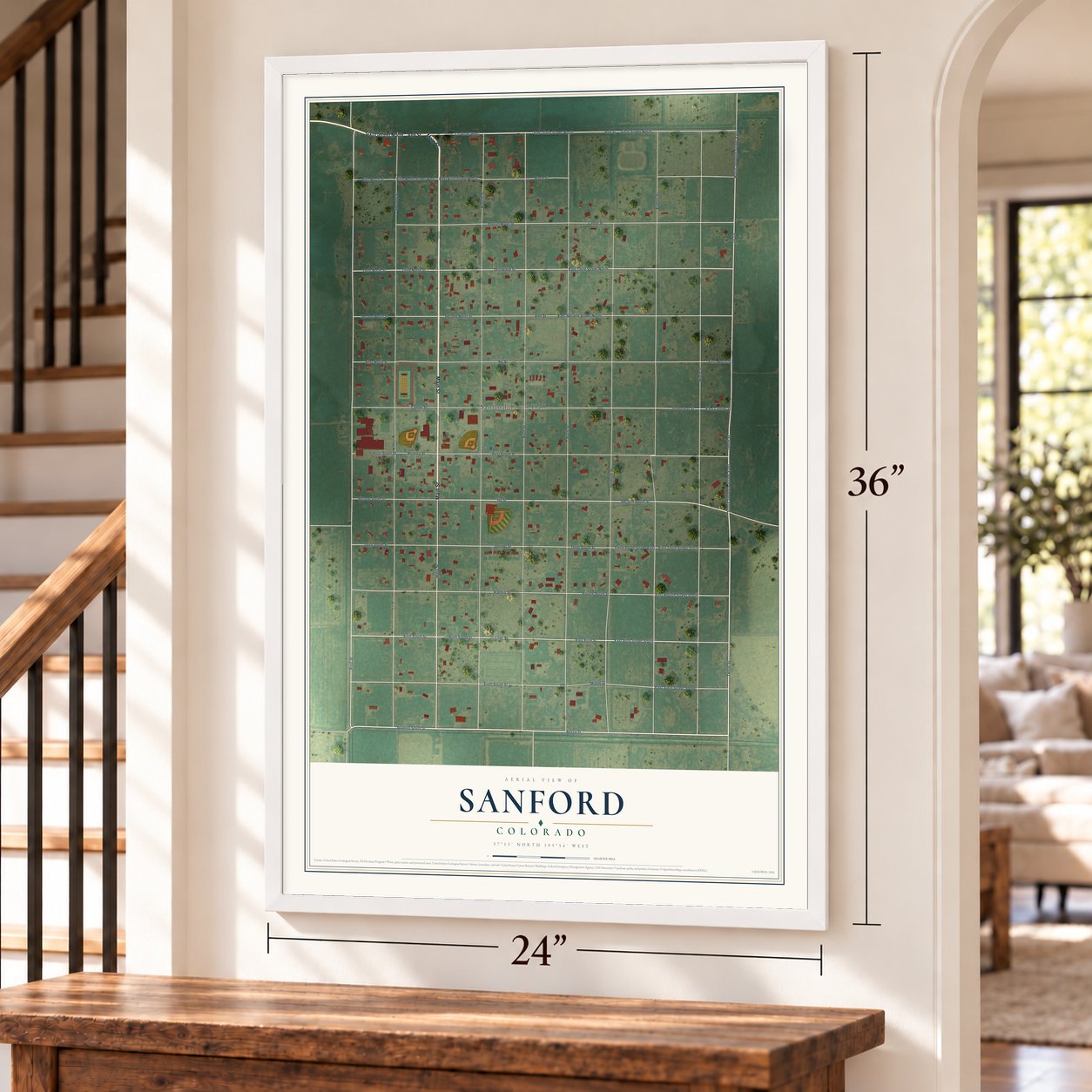 Sanford, Colorado map, 24 x 36 inch print in a white frame by a staircase