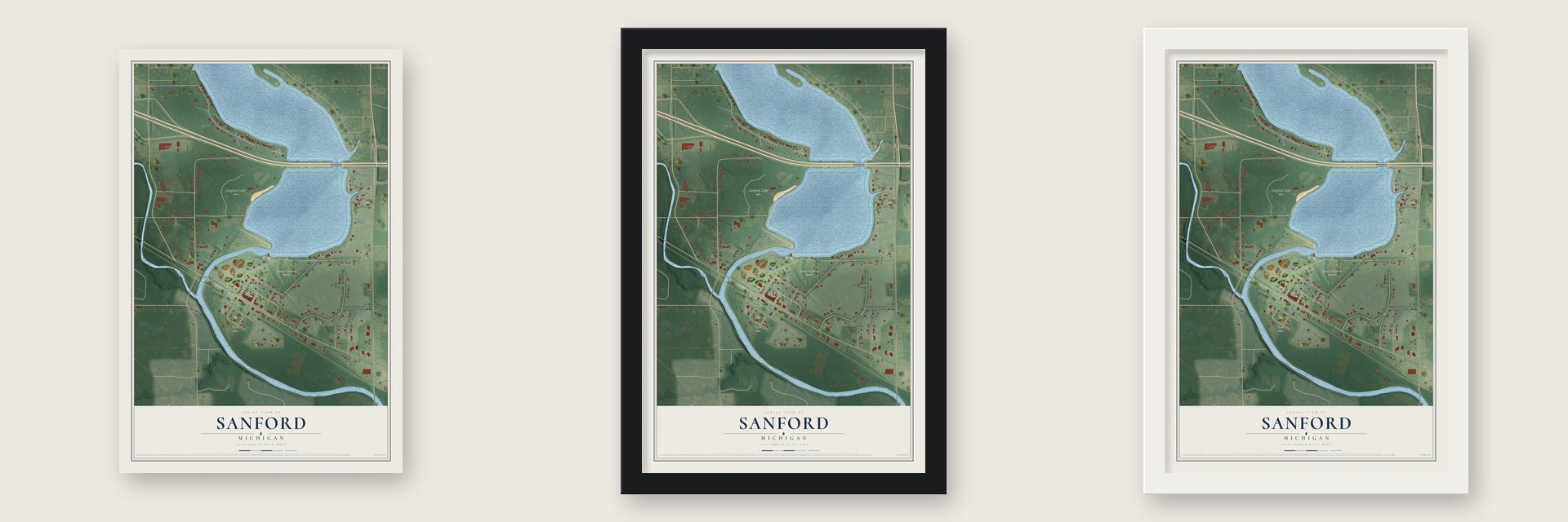 Sanford, Michigan map unframed, in a black wood frame and in a white wood frame