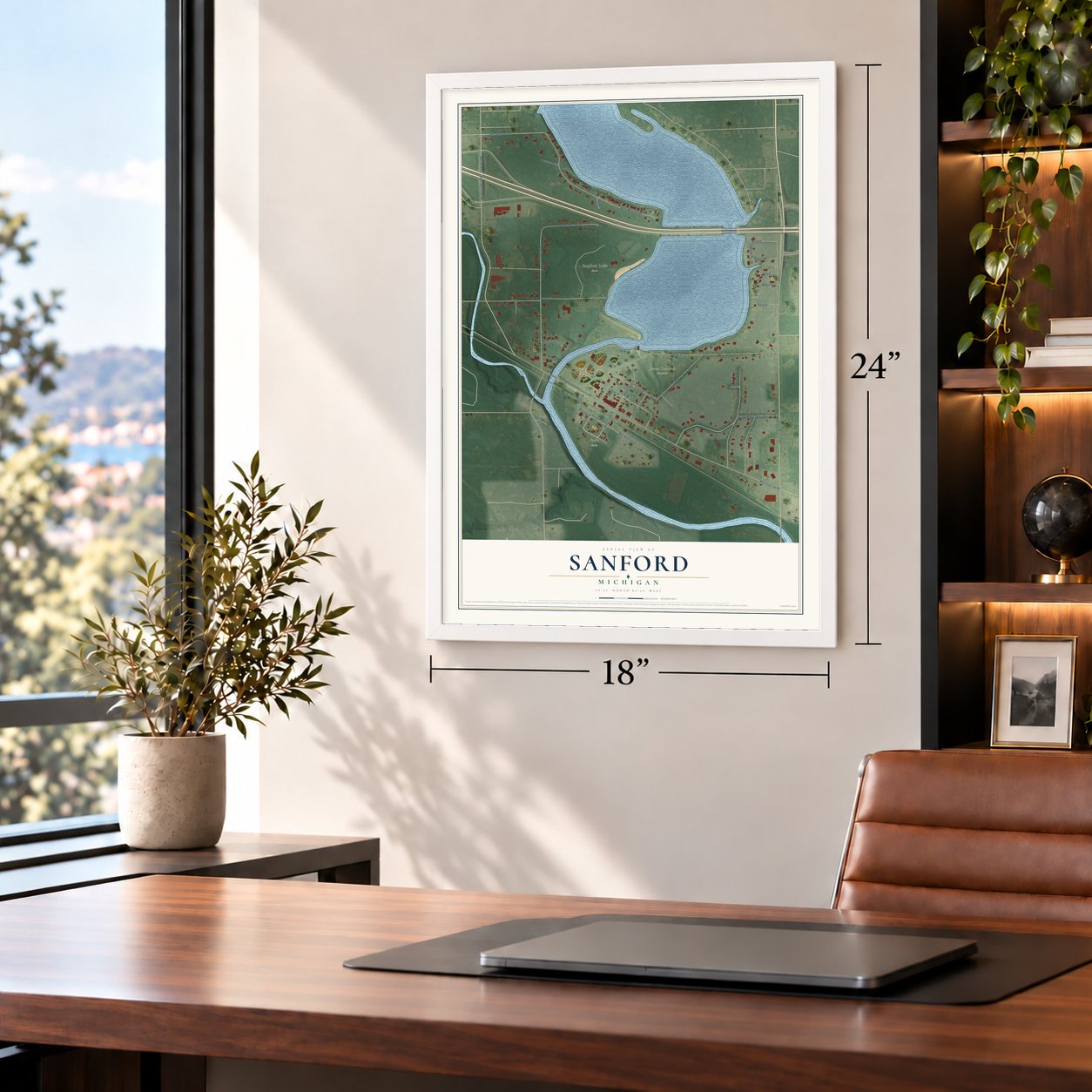 Sanford, Michigan map, 18 x 24 inch print in a white frame in a home office