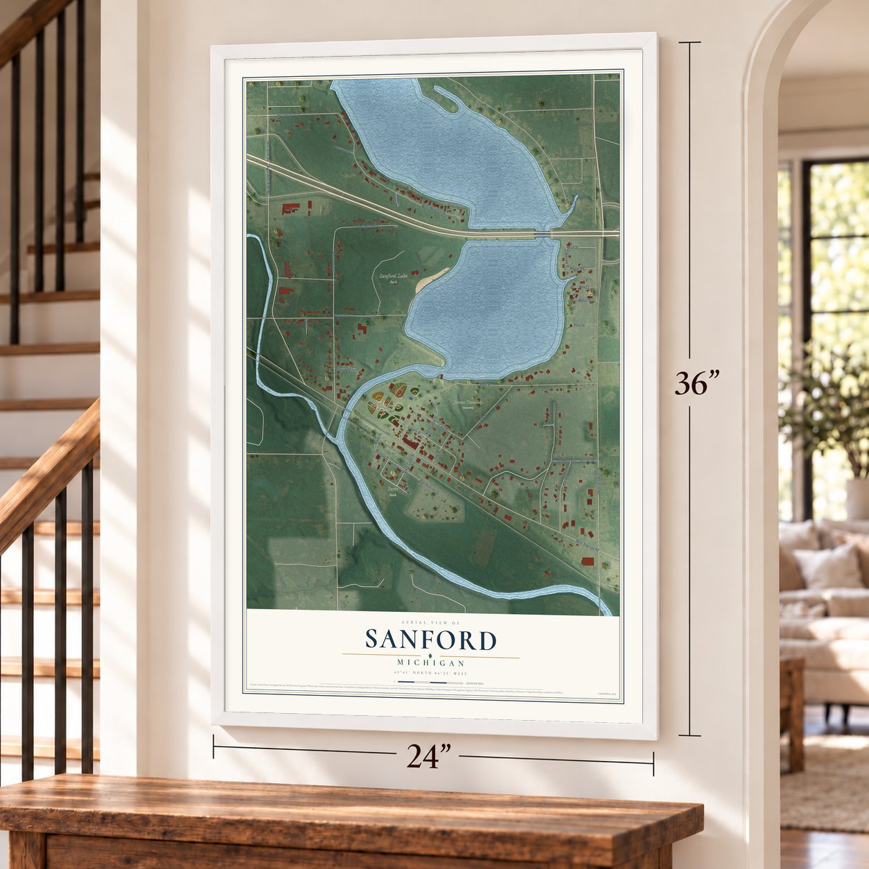 Sanford, Michigan map, 24 x 36 inch print in a white frame by a staircase