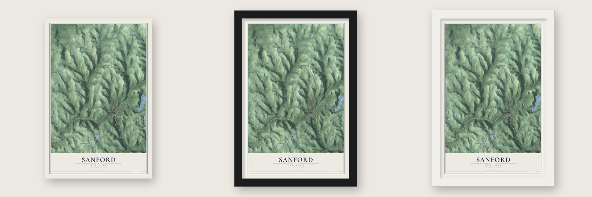 Sanford, New York map unframed, in a black wood frame and in a white wood frame