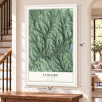 Sanford, New York map, 24 x 36 inch print in a white frame by a staircase