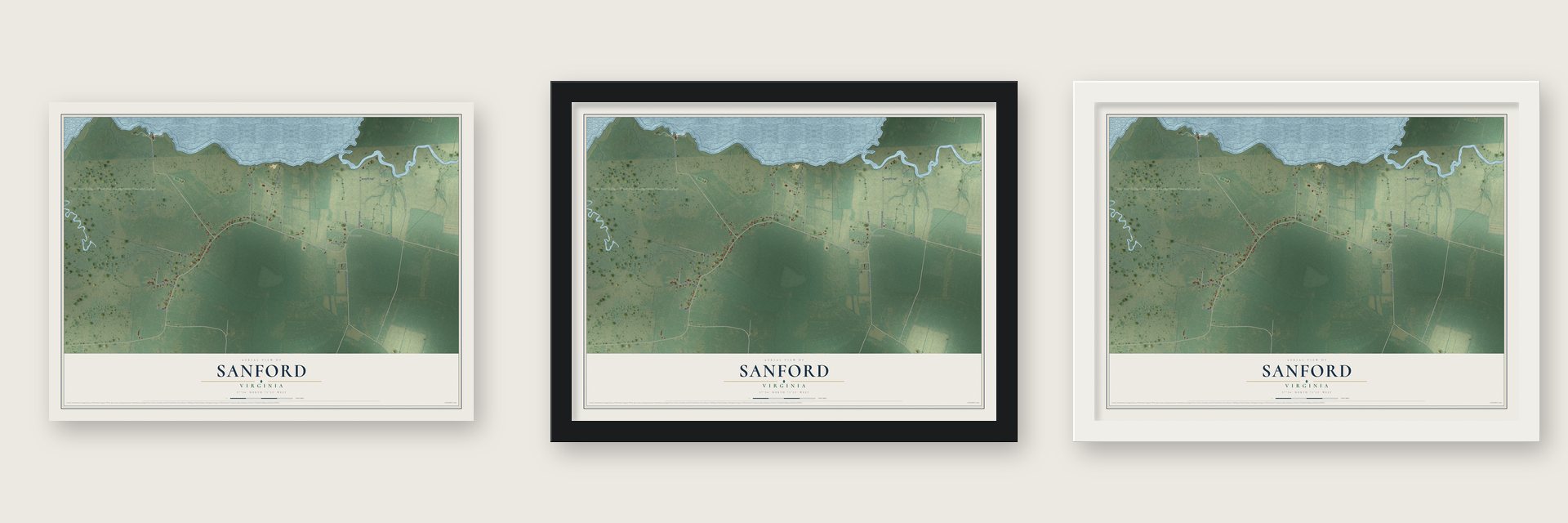 Sanford, Virginia map unframed, in a black wood frame and in a white wood frame