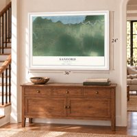 Sanford, Virginia map, 24 x 36 inch print in a white frame above a dresser by a staircase
