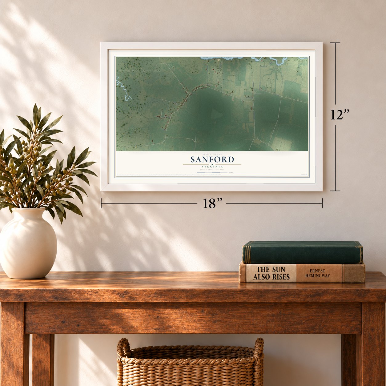 Sanford, Virginia map, 12 x 18 inch print in a white frame in an entryway