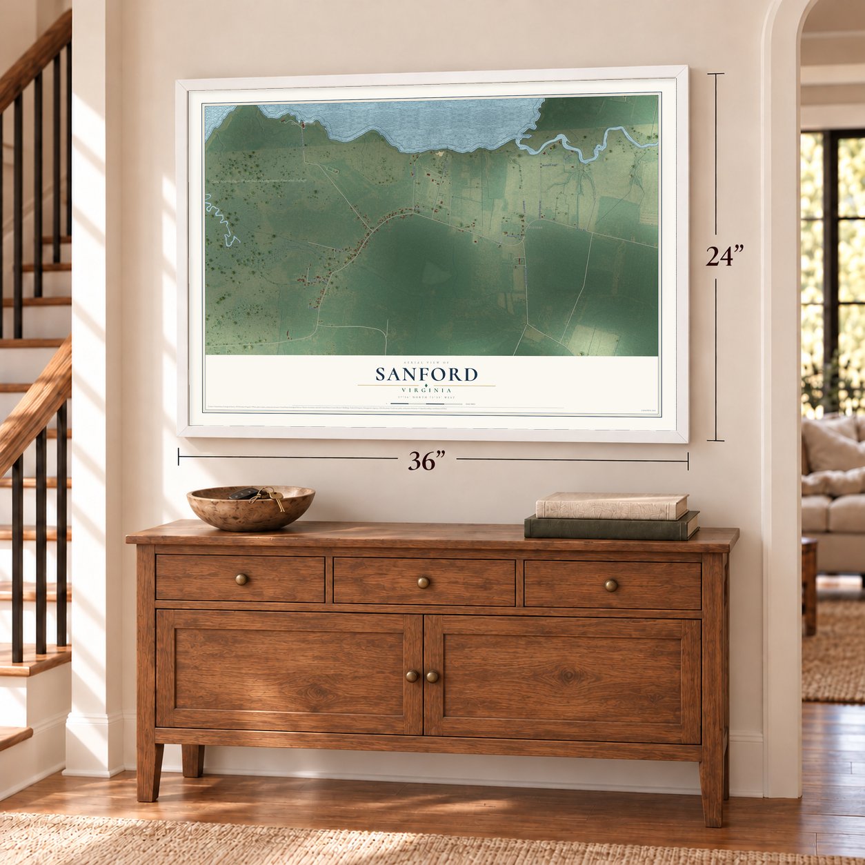 Sanford, Virginia map, 24 x 36 inch print in a white frame above a dresser by a staircase