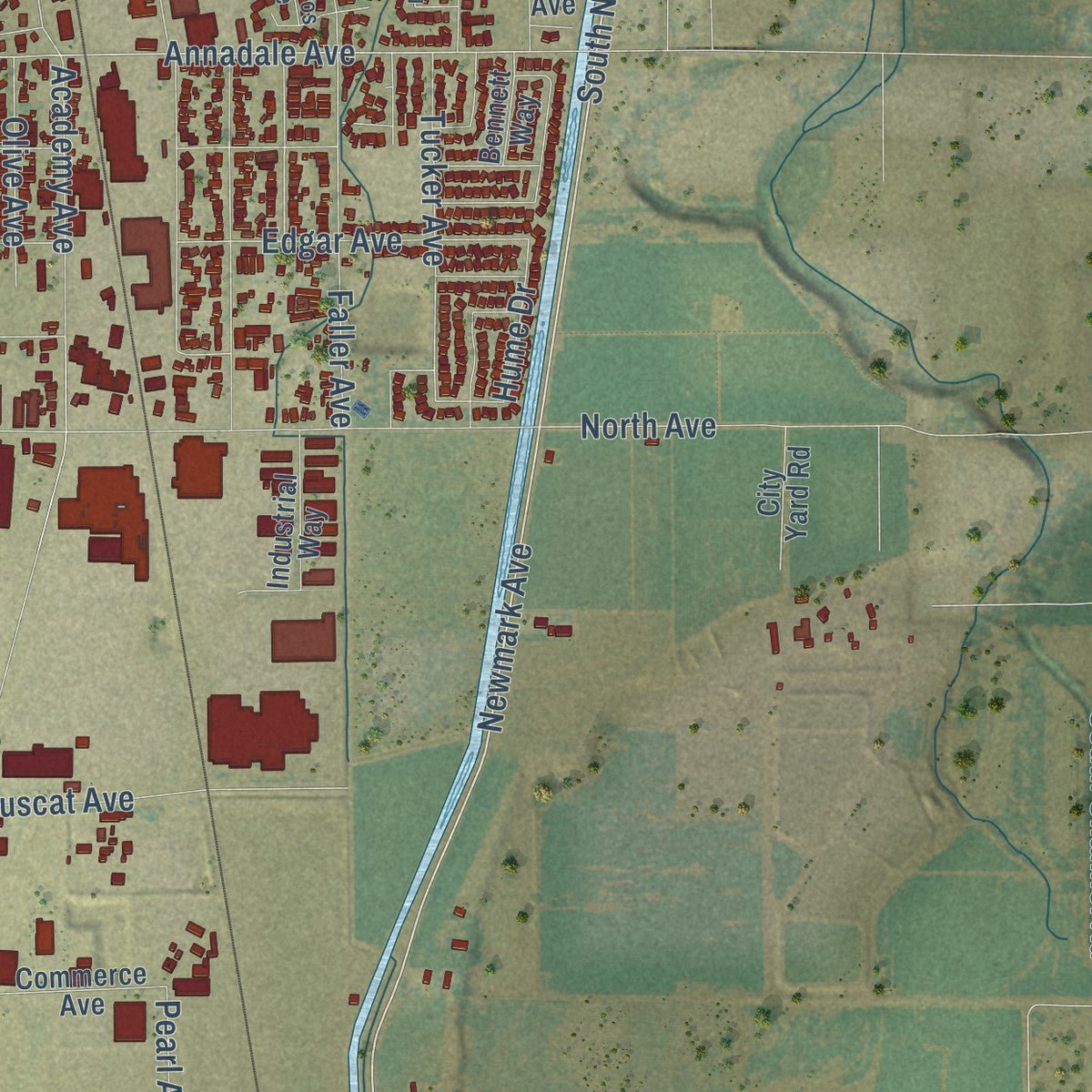 Second close-up of the map of Sanger, California print showing more streets and buildings