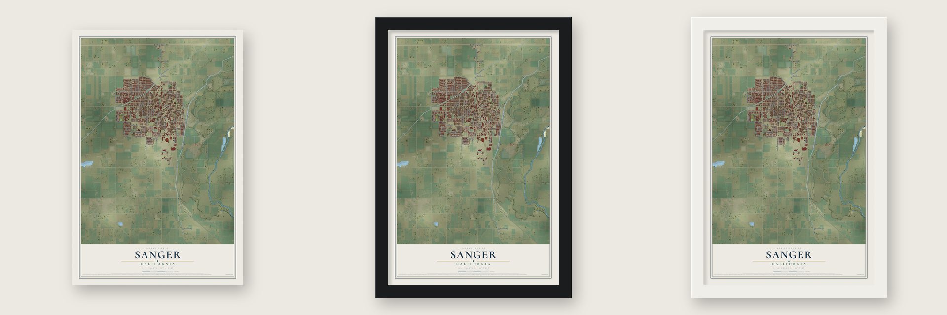 Sanger, California map unframed, in a black wood frame and in a white wood frame