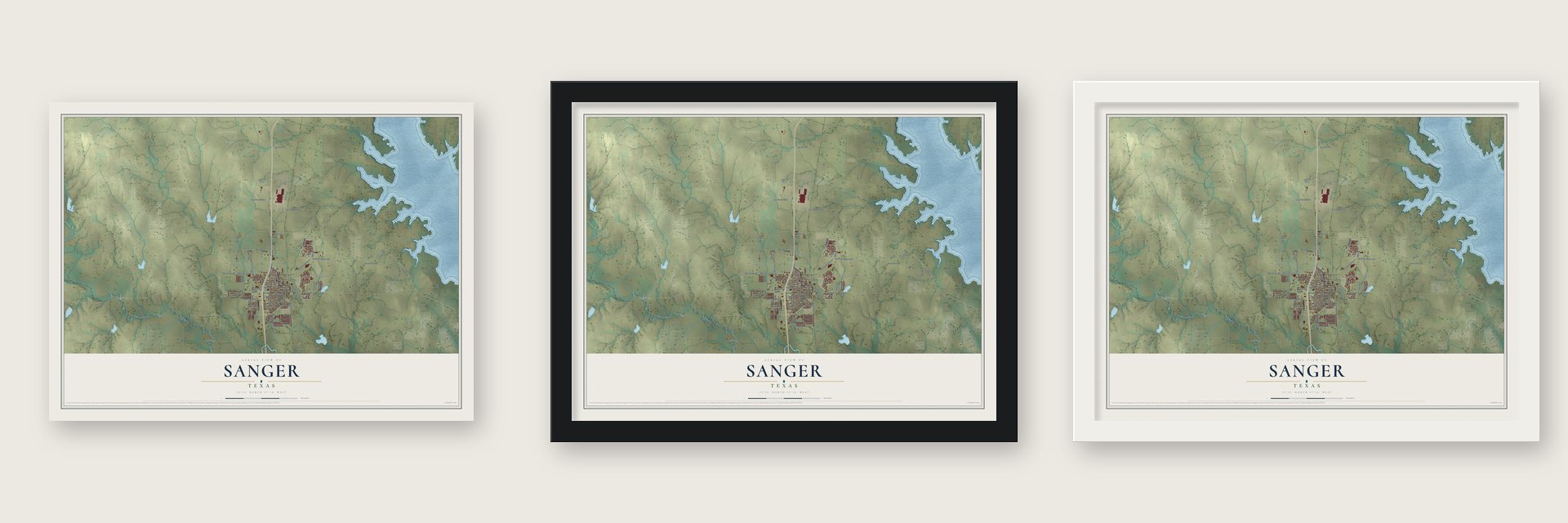 Sanger, Texas map unframed, in a black wood frame and in a white wood frame