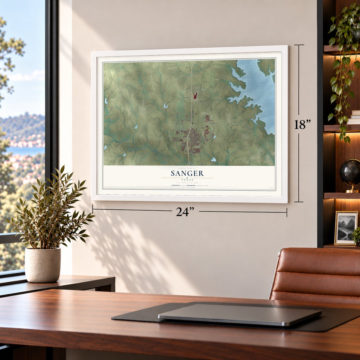 Sanger, Texas map, 18 x 24 inch print in a white frame in a home office
