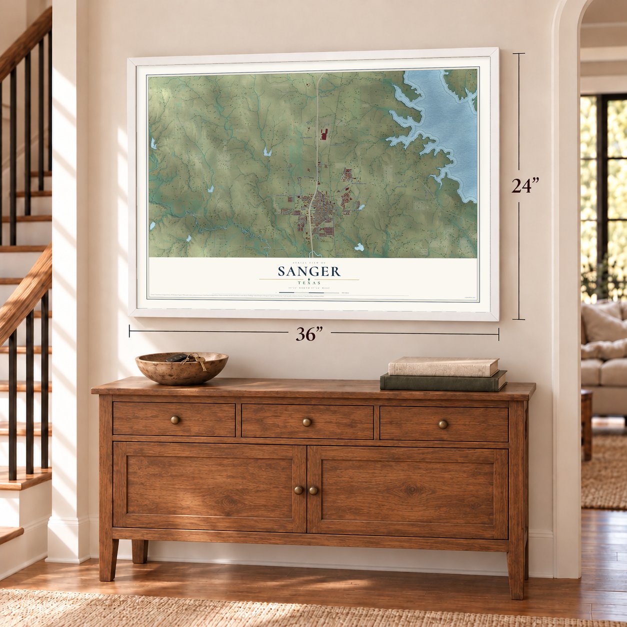 Sanger, Texas map, 24 x 36 inch print in a white frame above a dresser by a staircase