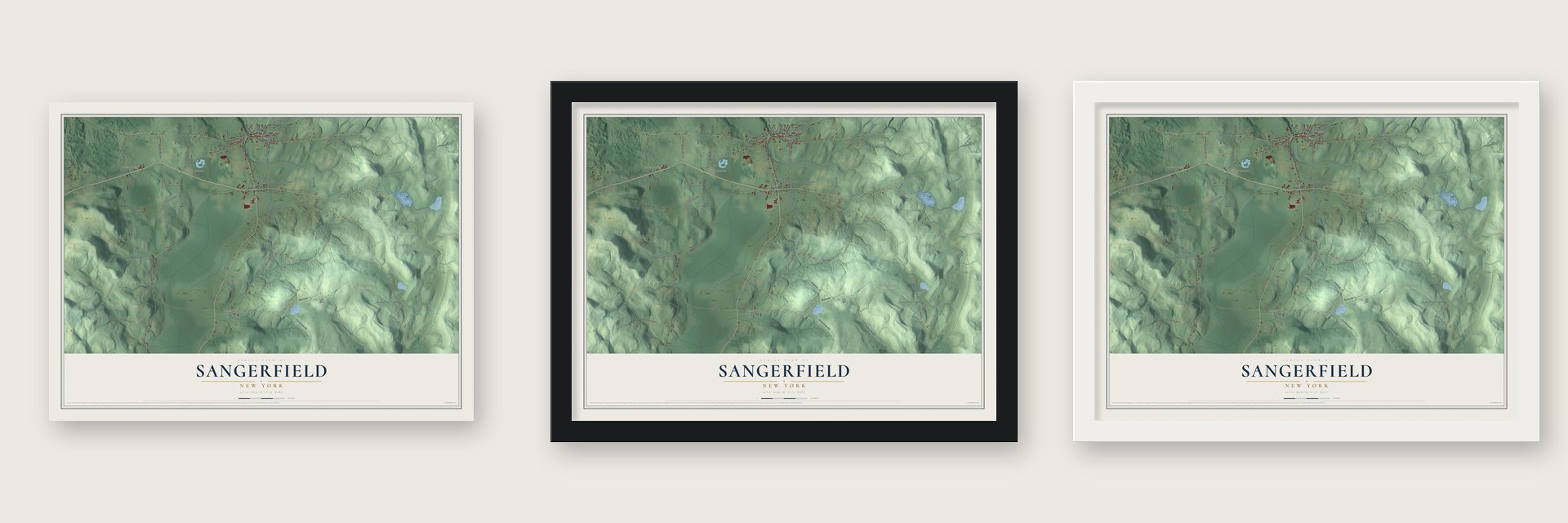 Sangerfield, New York map unframed, in a black wood frame and in a white wood frame