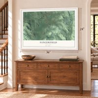Sangerfield, New York map, 24 x 36 inch print in a white frame above a dresser by a staircase