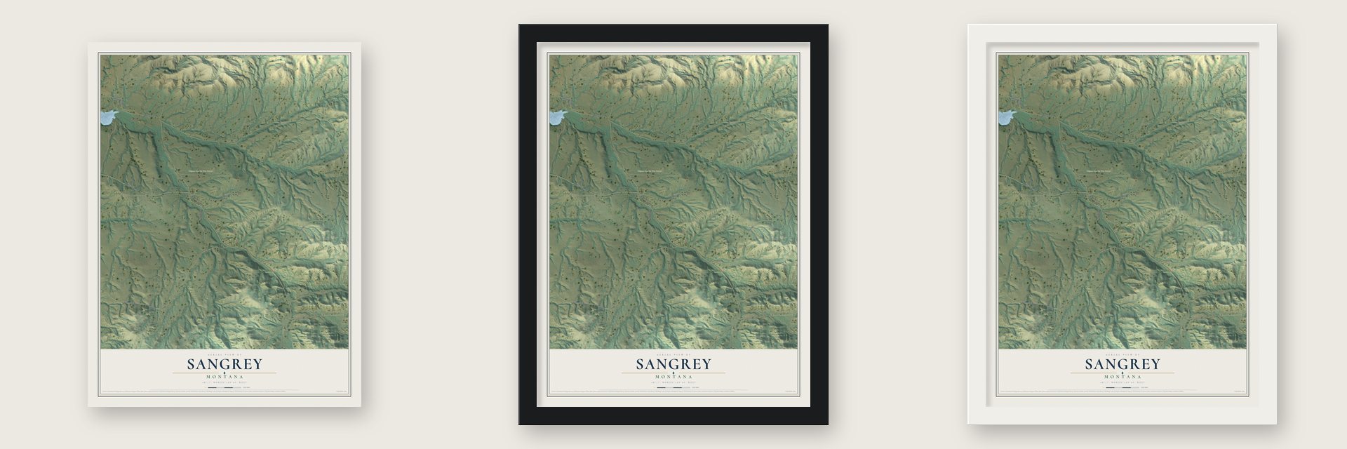 Sangrey, Montana map unframed, in a black wood frame and in a white wood frame