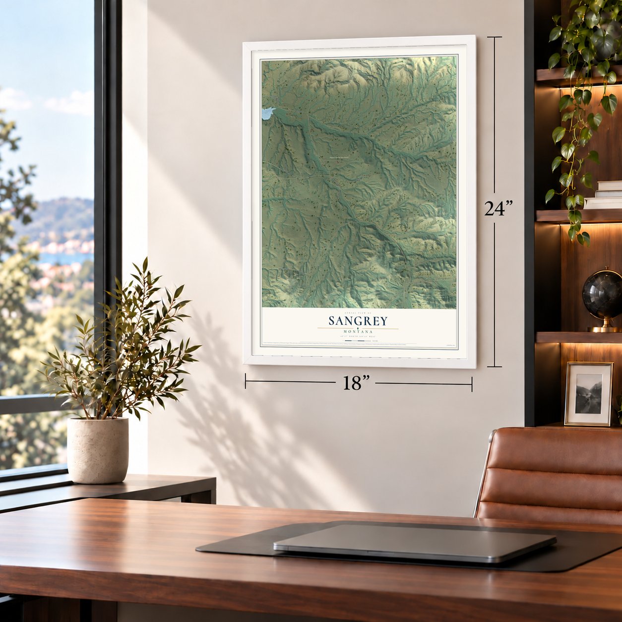 Sangrey, Montana map, 18 x 24 inch print in a white frame in a home office